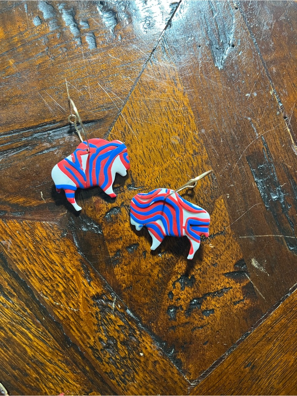 Handmade clay Buffalo bills Dangle Earrings - Red, Blue & White zubaz print